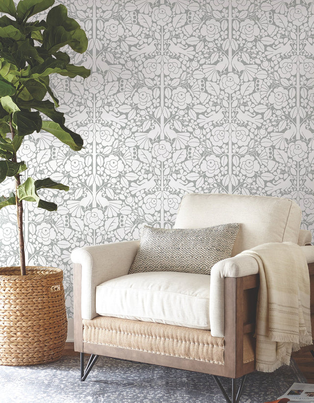 Fairy Tales Grey Peel & Stick Wallpaper with Folk Art Birds & Floral Pattern - York PSW1506RL