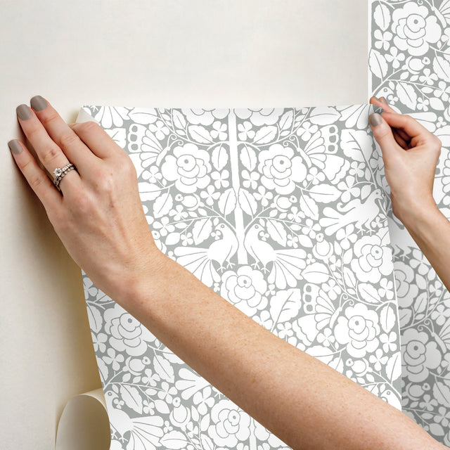 Fairy Tales Grey Peel & Stick Wallpaper with Folk Art Birds & Floral Pattern - York PSW1506RL