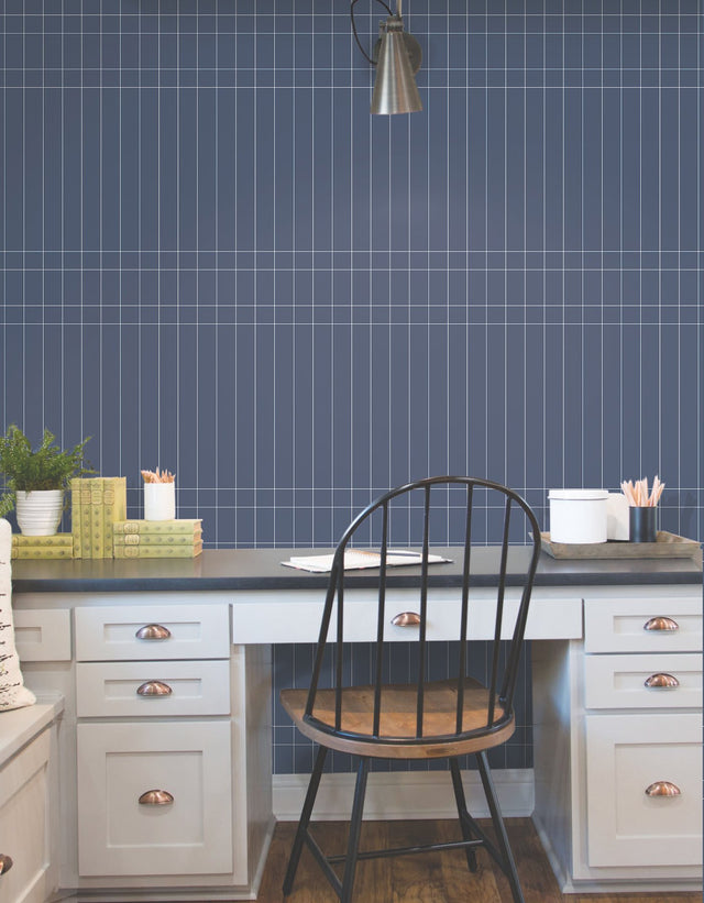 Linear Gridwork Navy Peel & Stick Non Woven Geometric Wallpaper - York PSW1510RL