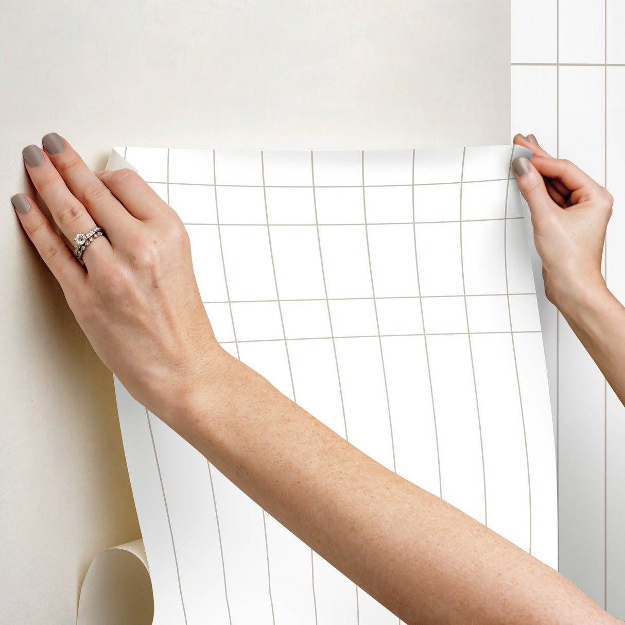 Linear Gridwork Linen on White Peel & Stick Wallpaper with Geometric Grid Pattern - York PSW1513RL