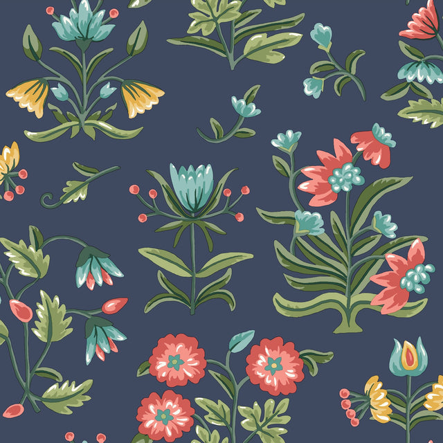 Heirloom Floral Navy Peel & Stick Wallpaper with Folk-Art Floral Pattern - York PSW1516RL