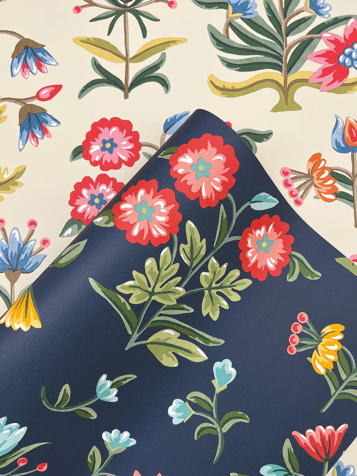 Heirloom Floral Navy Peel & Stick Wallpaper with Folk-Art Floral Pattern - York PSW1516RL