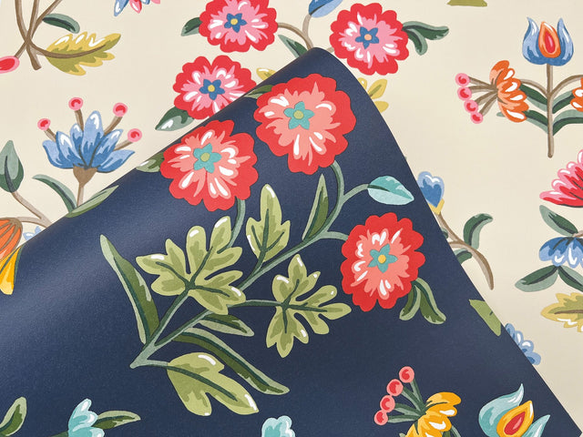 Heirloom Floral Navy Peel & Stick Wallpaper with Folk-Art Floral Pattern - York PSW1516RL