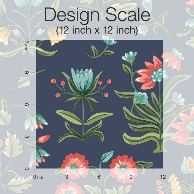 Heirloom Floral Navy Peel & Stick Wallpaper with Folk-Art Floral Pattern - York PSW1516RL