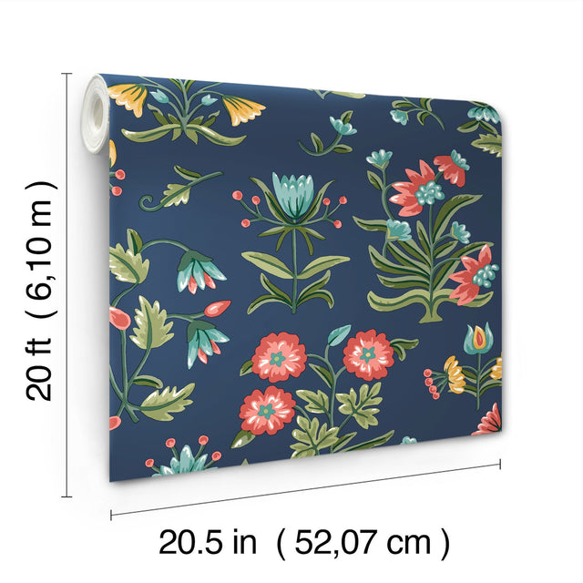 Heirloom Floral Navy Peel & Stick Wallpaper with Folk-Art Floral Pattern - York PSW1516RL