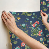 Heirloom Floral Navy Peel & Stick Wallpaper with Folk-Art Floral Pattern - York PSW1516RL