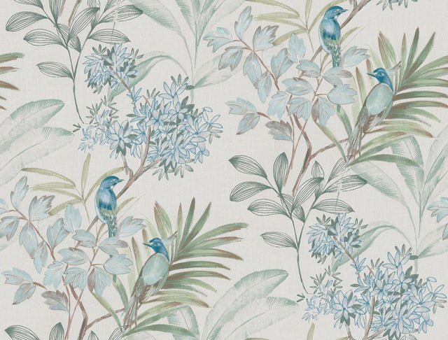 Handpainted Songbird Turquoise Peel & Stick Wallpaper with Painterly Floral and Birds - York PSW1517RL