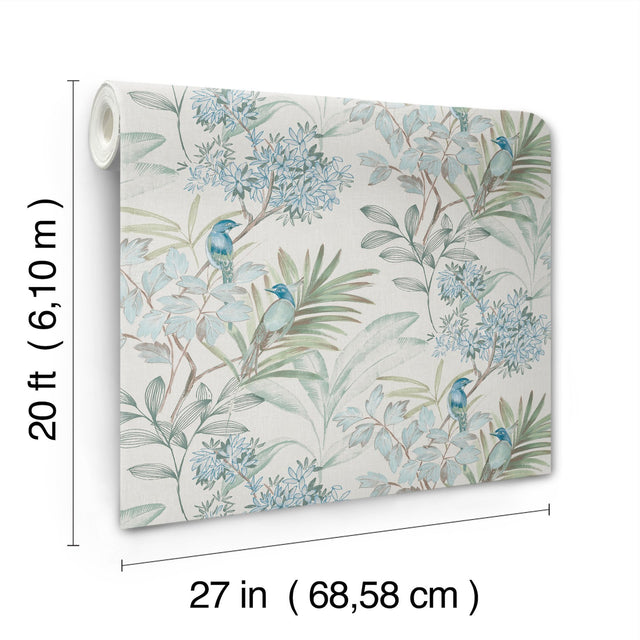 Handpainted Songbird Turquoise Peel & Stick Wallpaper with Painterly Floral and Birds - York PSW1517RL