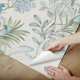 Handpainted Songbird Turquoise Peel & Stick Wallpaper with Painterly Floral and Birds - York PSW1517RL