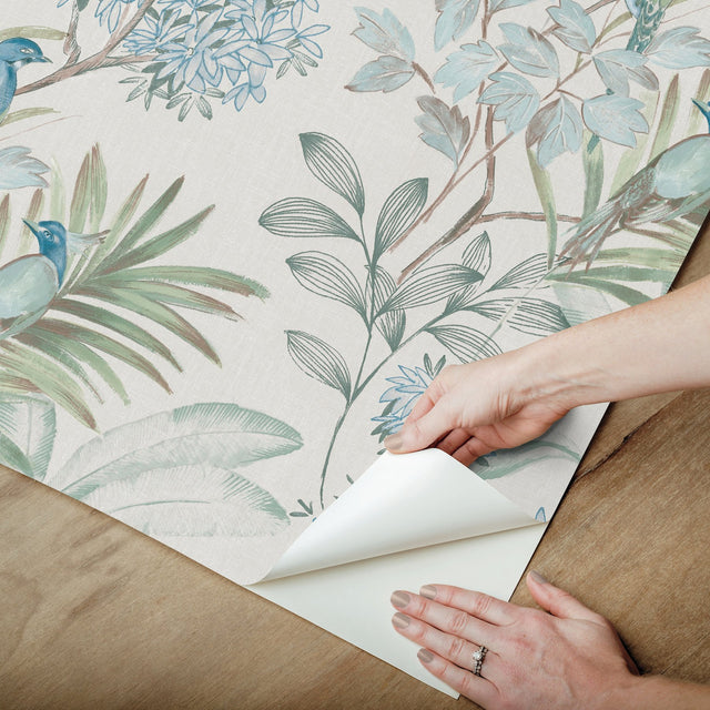 Handpainted Songbird Turquoise Peel & Stick Wallpaper with Painterly Floral and Birds - York PSW1517RL