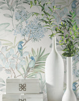 Handpainted Songbird Turquoise Peel & Stick Wallpaper with Painterly Floral and Birds - York PSW1517RL