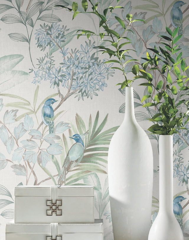 Handpainted Songbird Turquoise Peel & Stick Wallpaper with Painterly Floral and Birds - York PSW1517RL