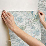 Handpainted Songbird Turquoise Peel & Stick Wallpaper with Painterly Floral and Birds - York PSW1517RL