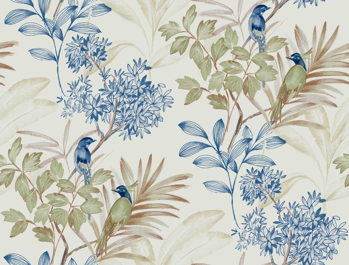 Handpainted Songbird Green & Blue Peel & Stick Wallpaper with Floral Songbird Motif - York PSW1518RL