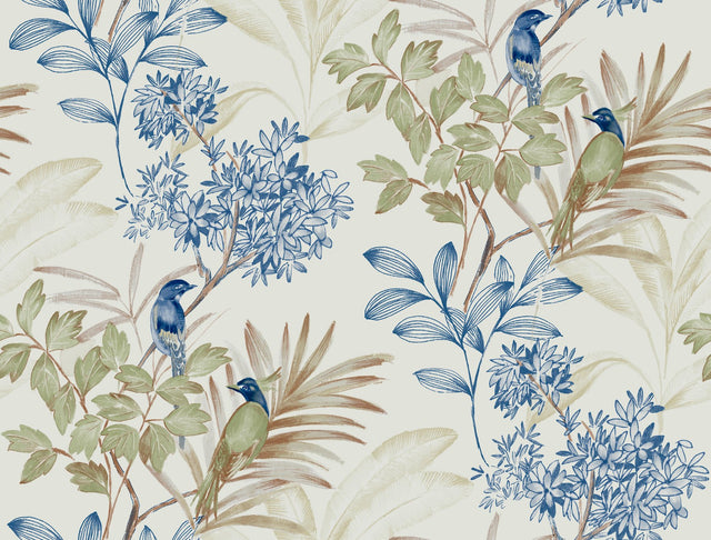Handpainted Songbird Green & Blue Peel & Stick Wallpaper with Floral Songbird Motif - York PSW1518RL