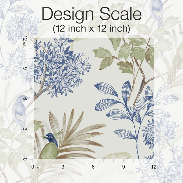 Handpainted Songbird Green & Blue Peel & Stick Wallpaper with Floral Songbird Motif - York PSW1518RL