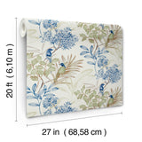 Handpainted Songbird Green & Blue Peel & Stick Wallpaper with Floral Songbird Motif - York PSW1518RL