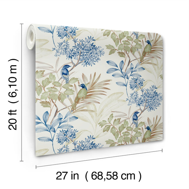 Handpainted Songbird Green & Blue Peel & Stick Wallpaper with Floral Songbird Motif - York PSW1518RL