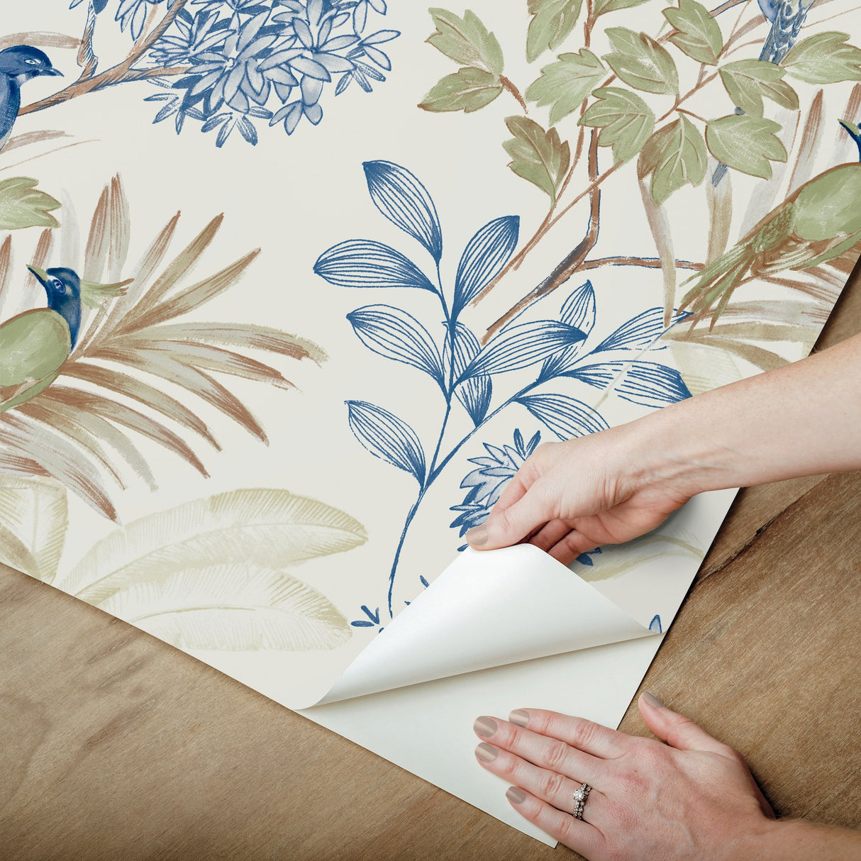 Handpainted Songbird Green & Blue Peel & Stick Wallpaper with Floral Songbird Motif - York PSW1518RL