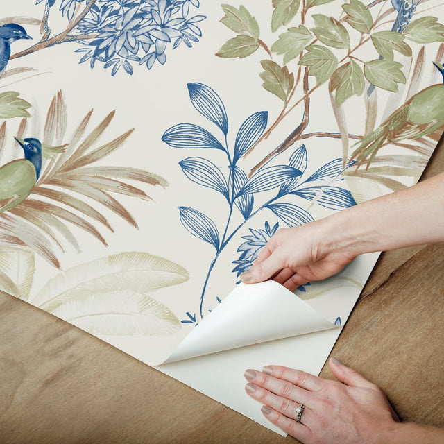 Handpainted Songbird Green & Blue Peel & Stick Wallpaper with Floral Songbird Motif - York PSW1518RL