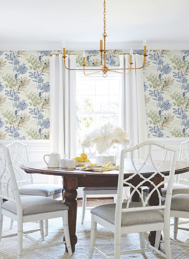 Handpainted Songbird Green & Blue Peel & Stick Wallpaper with Floral Songbird Motif - York PSW1518RL