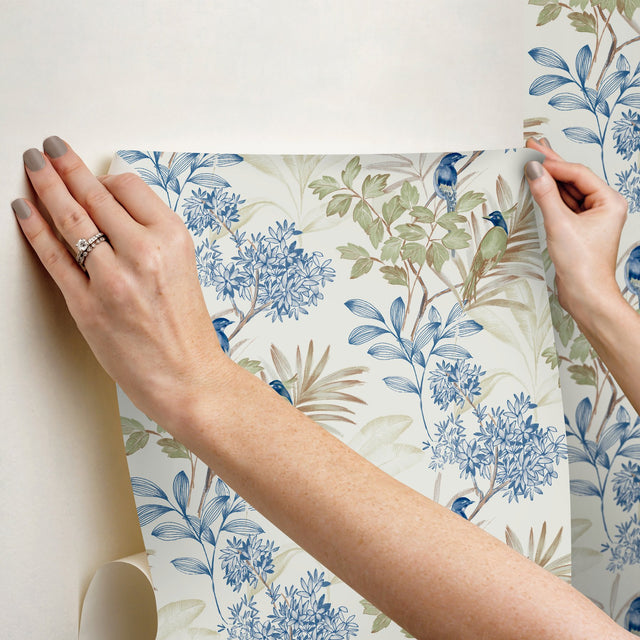 Handpainted Songbird Green & Blue Peel & Stick Wallpaper with Floral Songbird Motif - York PSW1518RL