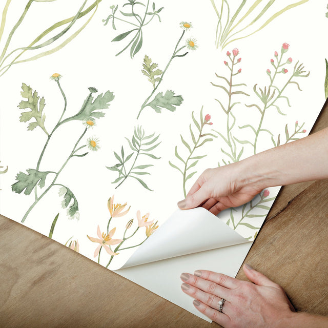 Alpine Botanical Peach Peel & Stick Wallpaper with Watercolor Botanical Pattern - York PSW1519RL