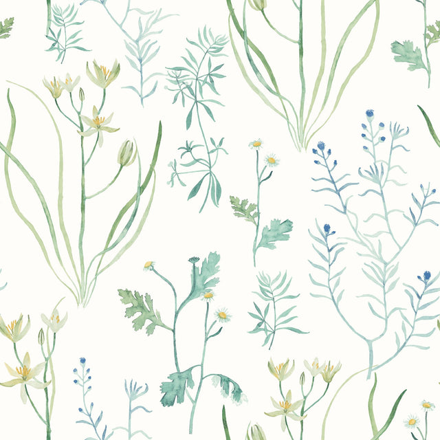 Alpine Botanical Blue Peel & Stick Wallpaper with Watercolor Botanical Pattern - York PSW1520RL