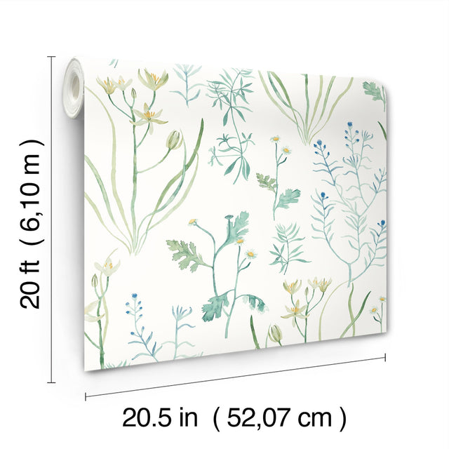 Alpine Botanical Blue Peel & Stick Wallpaper with Watercolor Botanical Pattern - York PSW1520RL