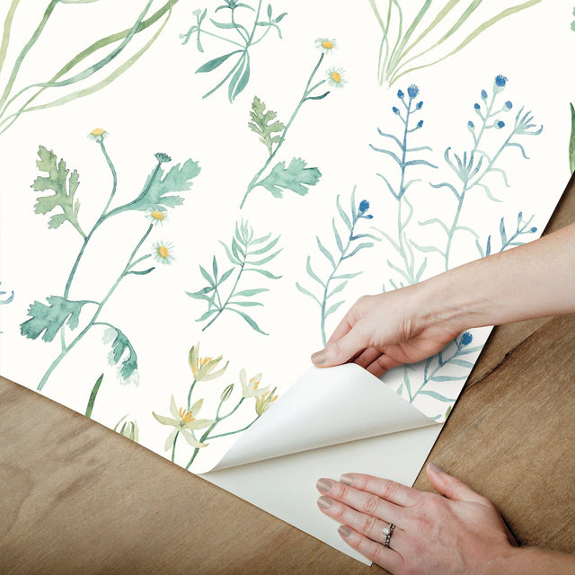 Alpine Botanical Blue Peel & Stick Wallpaper with Watercolor Botanical Pattern - York PSW1520RL