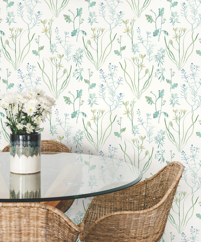 Alpine Botanical Blue Peel & Stick Wallpaper with Watercolor Botanical Pattern - York PSW1520RL