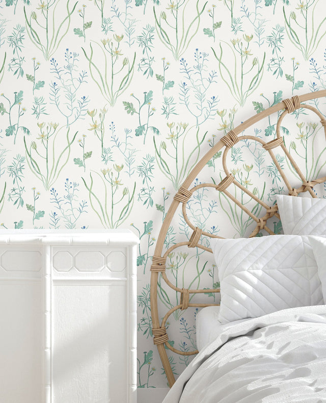 Alpine Botanical Blue Peel & Stick Wallpaper with Watercolor Botanical Pattern - York PSW1520RL