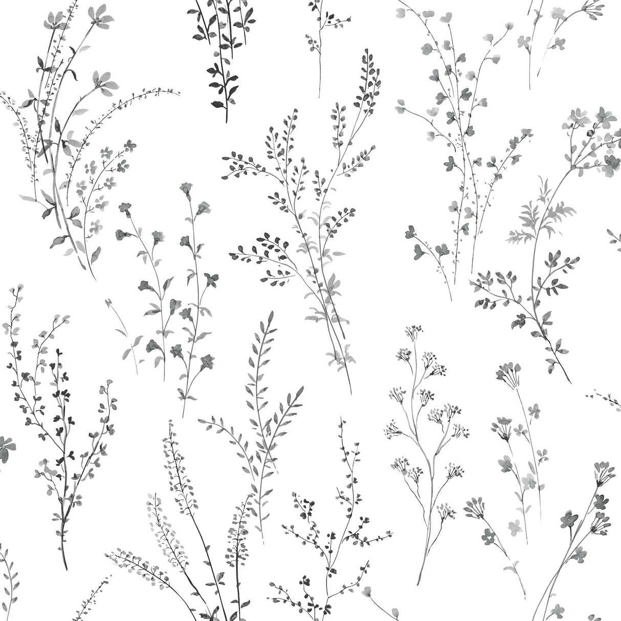 Wildflower Sprigs Black & White Peel & Stick Wallpaper with Botanical Watercolor Sprigs - York PSW1522RL