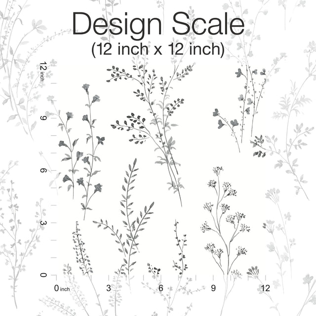 Wildflower Sprigs Black & White Peel & Stick Wallpaper with Botanical Watercolor Sprigs - York PSW1522RL