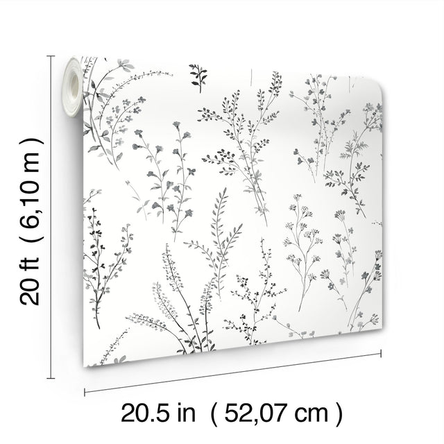 Wildflower Sprigs Black & White Peel & Stick Wallpaper with Botanical Watercolor Sprigs - York PSW1522RL