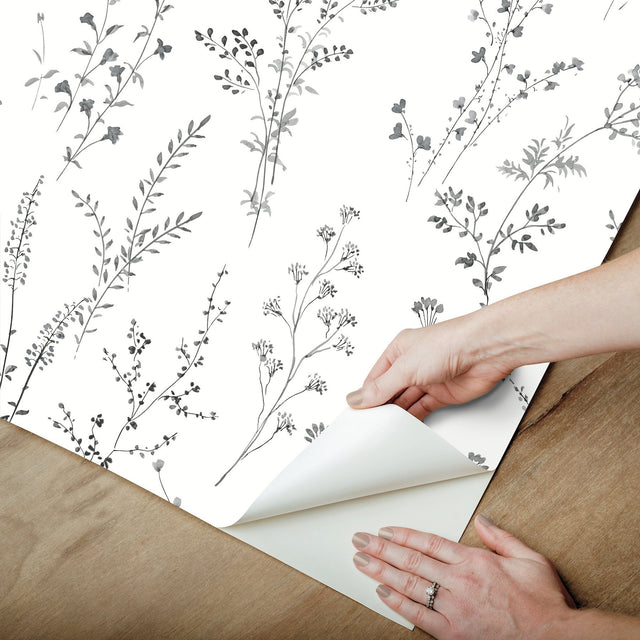 Wildflower Sprigs Black & White Peel & Stick Wallpaper with Botanical Watercolor Sprigs - York PSW1522RL