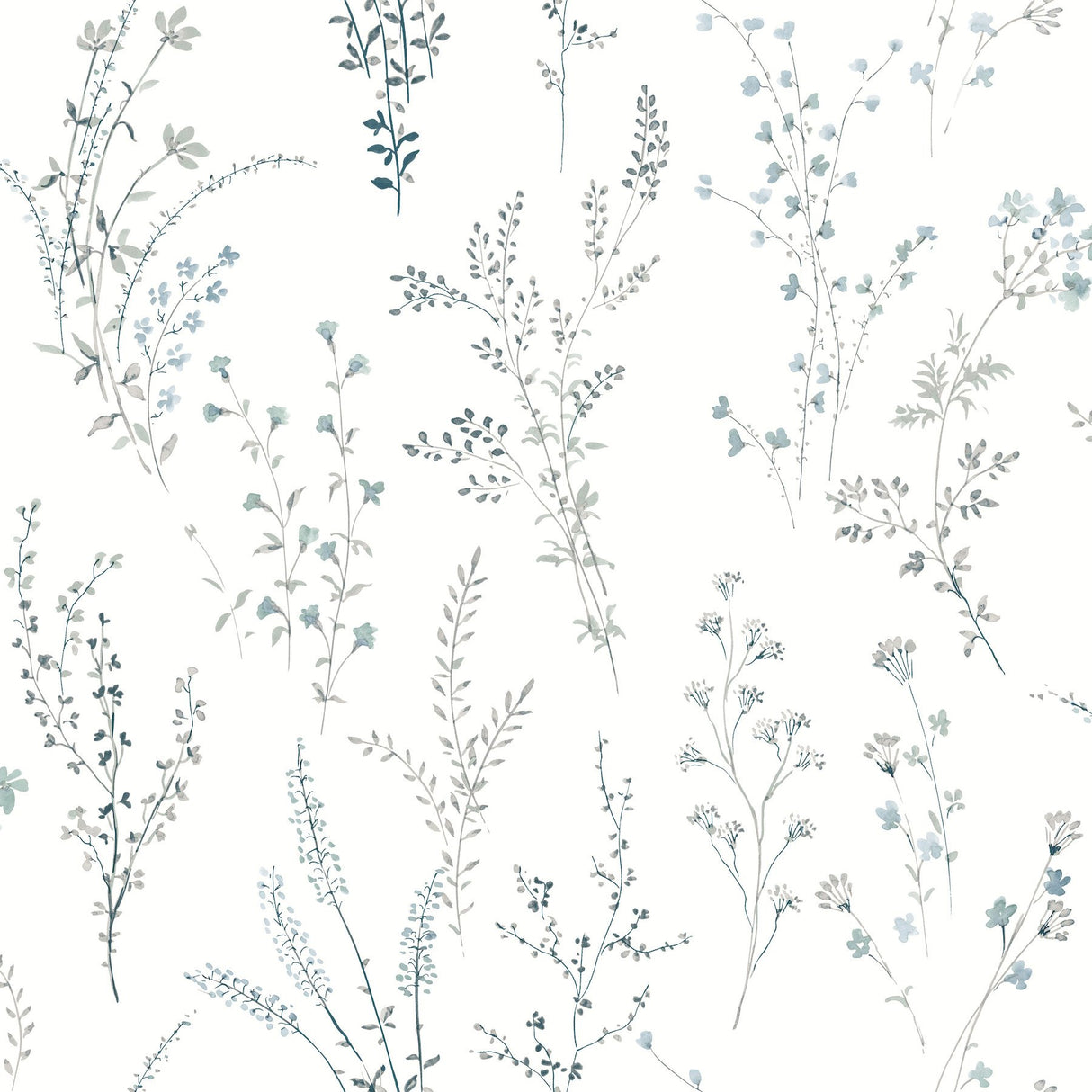 Wildflower Sprigs Blue & Green Peel & Stick Wallpaper with Watercolor Botanical Motif - York PSW1523RL