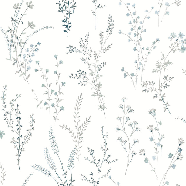 Wildflower Sprigs Blue & Green Peel & Stick Wallpaper with Watercolor Botanical Motif - York PSW1523RL
