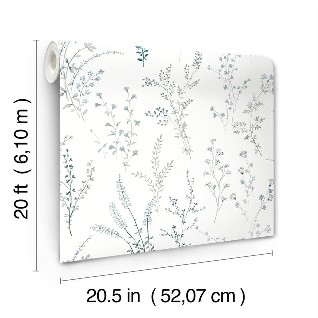 Wildflower Sprigs Blue & Green Peel & Stick Wallpaper with Watercolor Botanical Motif - York PSW1523RL