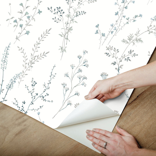 Wildflower Sprigs Blue & Green Peel & Stick Wallpaper with Watercolor Botanical Motif - York PSW1523RL