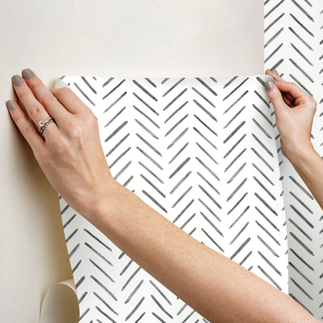 Painted Herringbone Black Peel & Stick Wallpaper with Matte Non-Woven Chevron Pattern - York PSW1525RL
