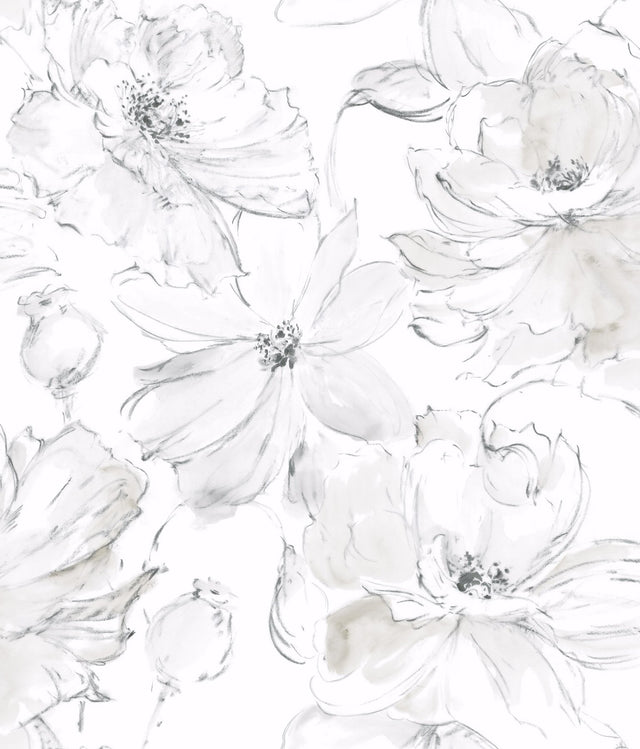 Floral Dreams Grey Peel & Stick Wallpaper with Watercolor Floral Motif - York PSW1530RL