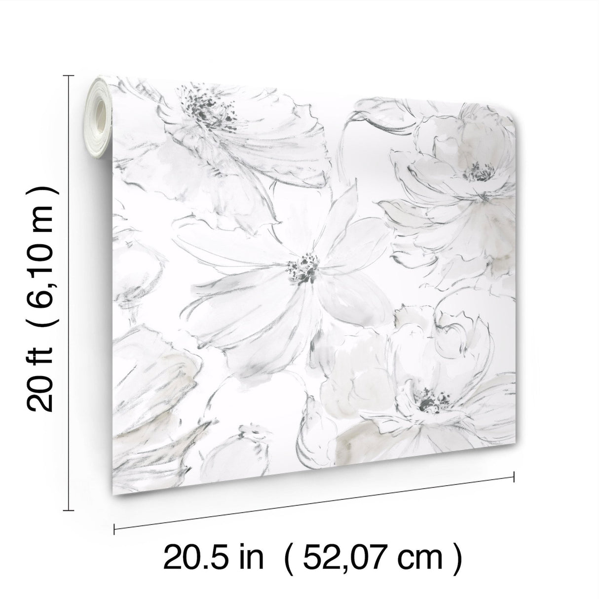 Floral Dreams Grey Peel & Stick Wallpaper with Watercolor Floral Motif - York PSW1530RL