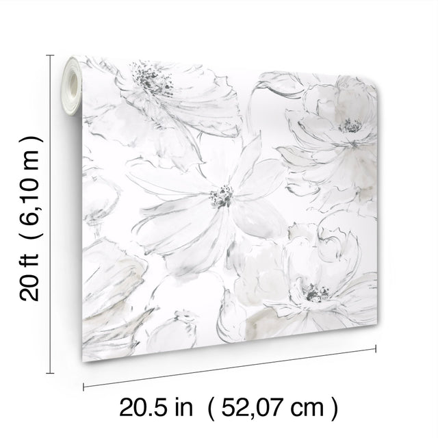 Floral Dreams Grey Peel & Stick Wallpaper with Watercolor Floral Motif - York PSW1530RL