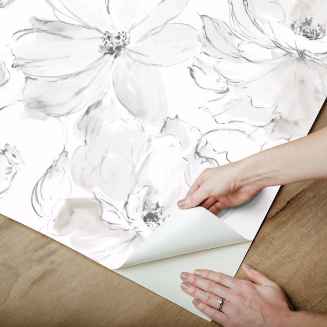 Floral Dreams Grey Peel & Stick Wallpaper with Watercolor Floral Motif - York PSW1530RL