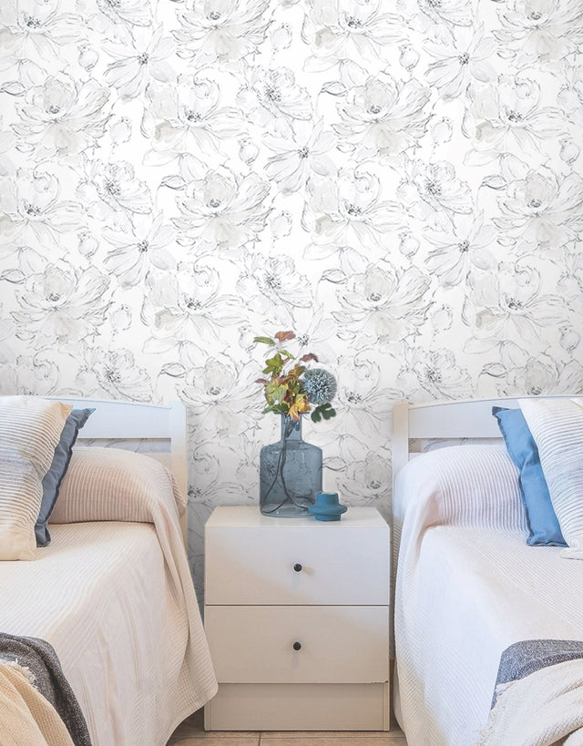 Floral Dreams Grey Peel & Stick Wallpaper with Watercolor Floral Motif - York PSW1530RL