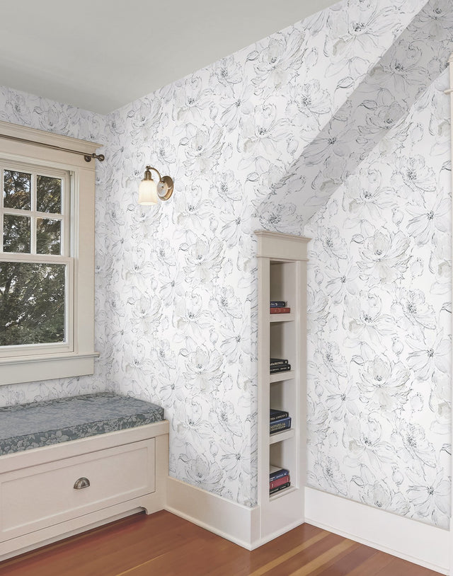 Floral Dreams Grey Peel & Stick Wallpaper with Watercolor Floral Motif - York PSW1530RL