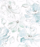Floral Dreams Mineral Green Peel & Stick Wallpaper with Watercolor Floral Motif - York PSW1531RL