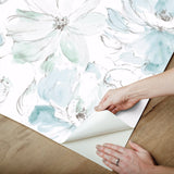 Floral Dreams Mineral Green Peel & Stick Wallpaper with Watercolor Floral Motif - York PSW1531RL
