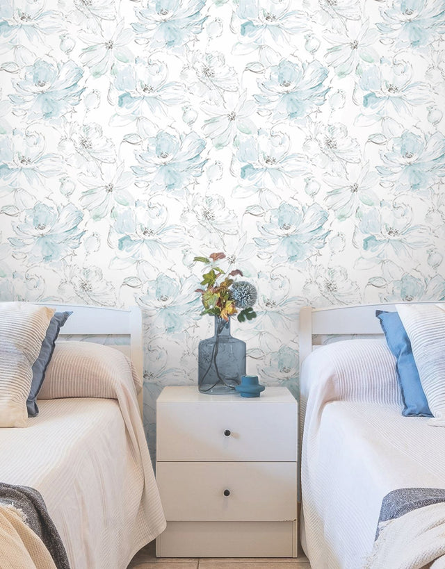 Floral Dreams Mineral Green Peel & Stick Wallpaper with Watercolor Floral Motif - York PSW1531RL